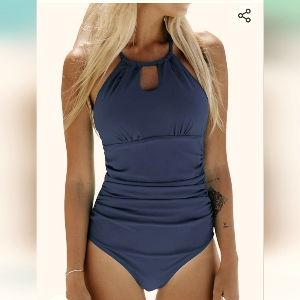 One Piece Swimsuit High‎ Neck Tummy Control Swimwear Bathing Suit Sz  XL blue